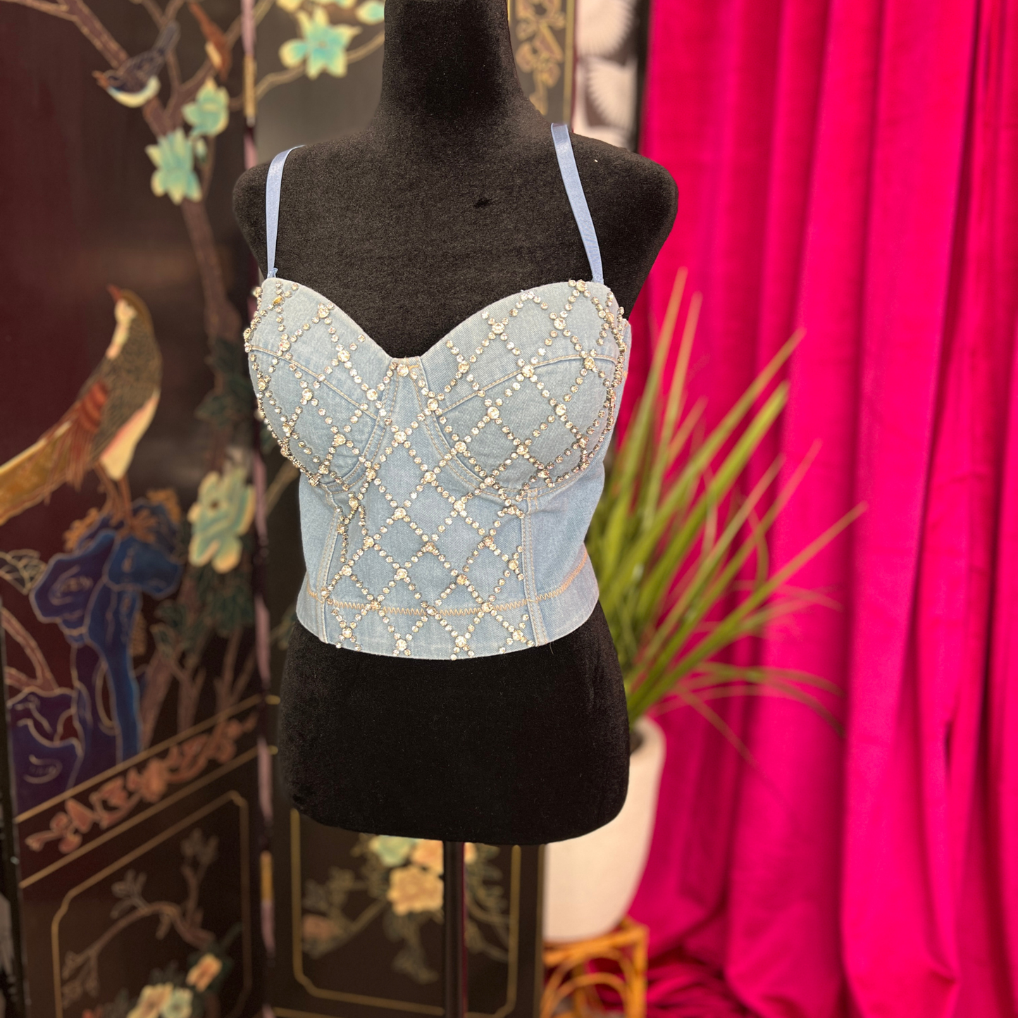✨ The Dolly II ✨ Rhinestone Bustier Crop Denim Cami Top