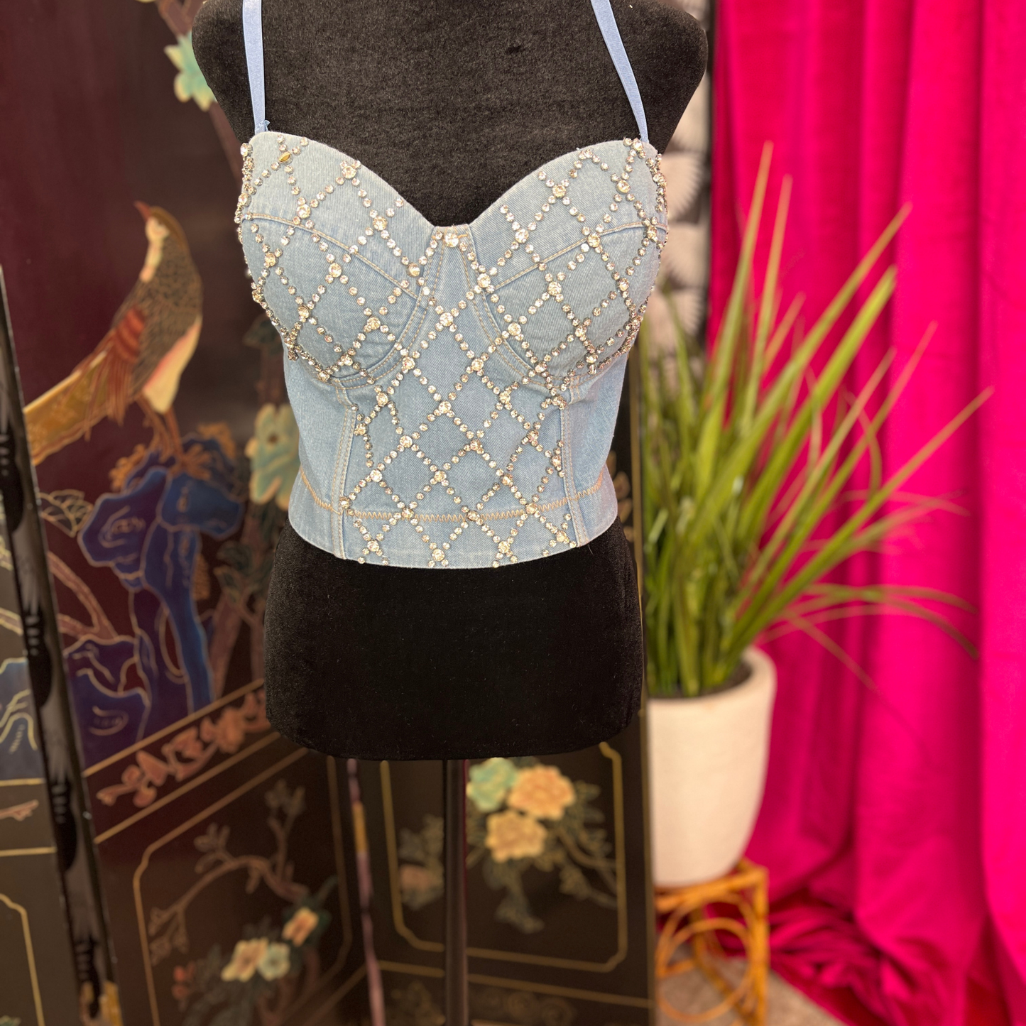 ✨ The Dolly II ✨ Rhinestone Bustier Crop Denim Cami Top