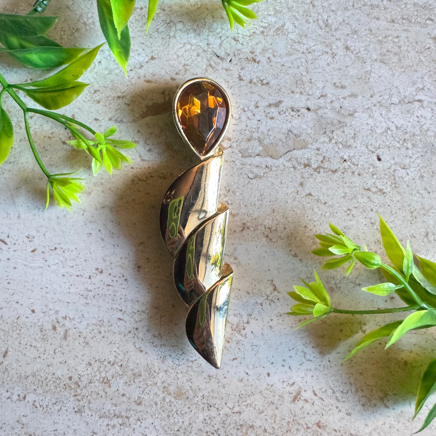The Naomi - Sculptural Spiral Brooch with Amber Glass Accent