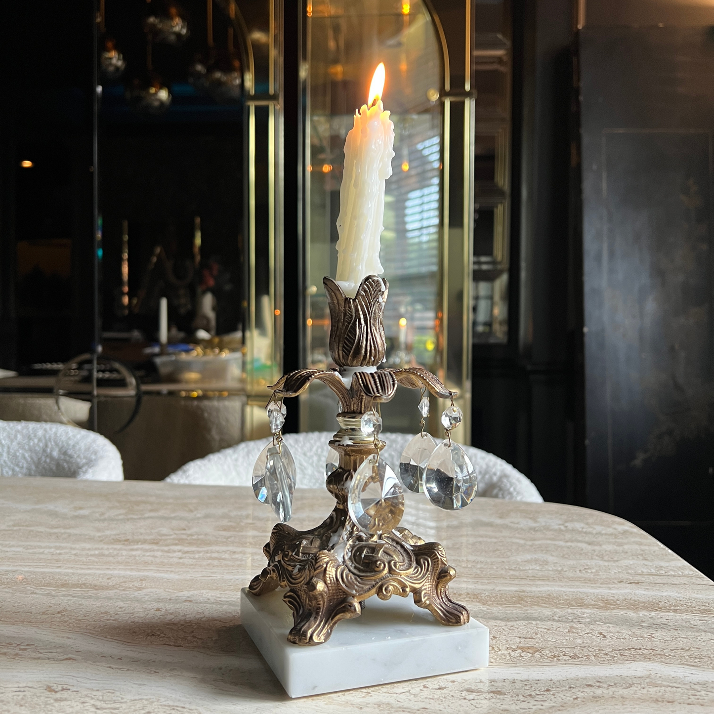 The Victoria - Vintage Ornate Brass and Crystal Prism Candelabra with Marble Base