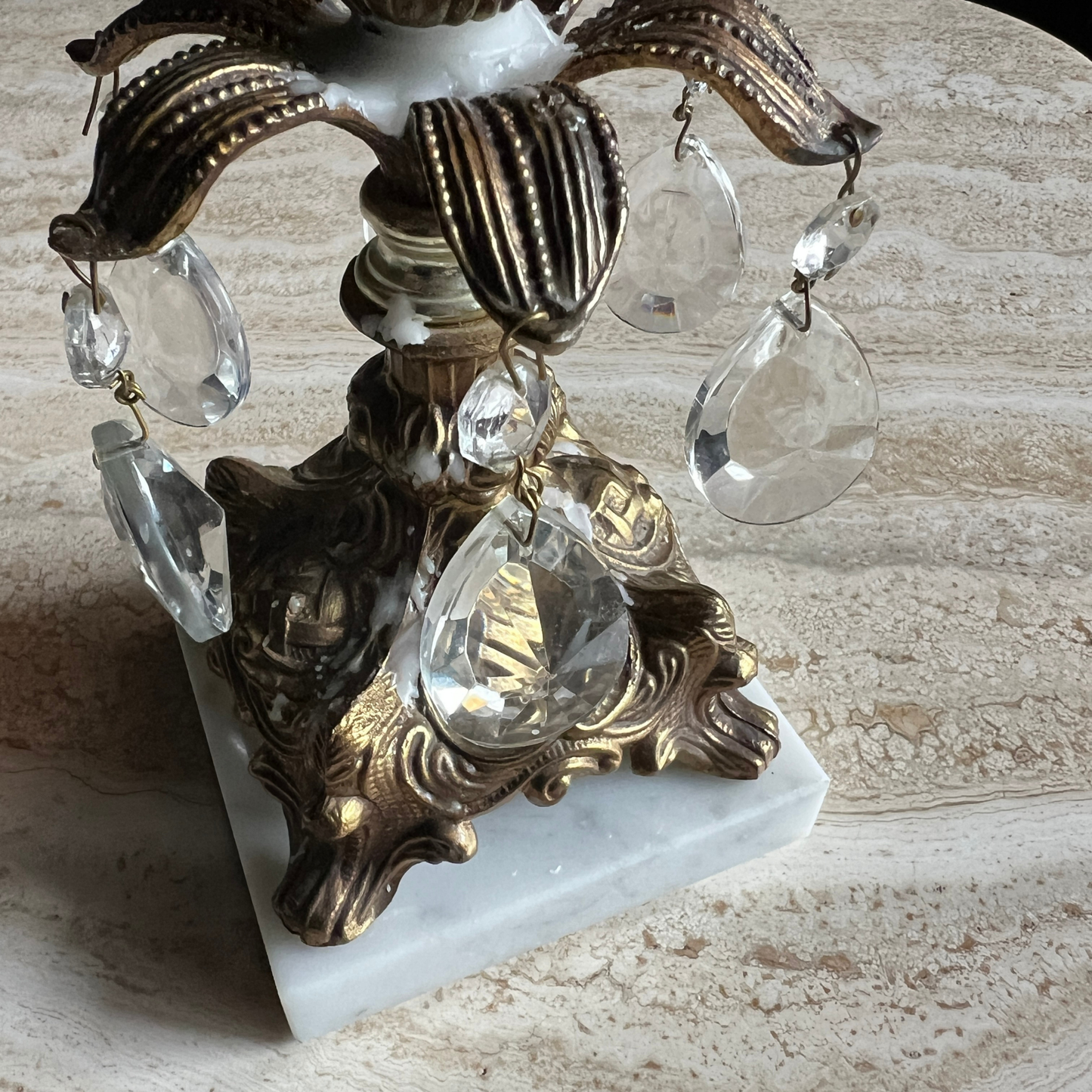 The Victoria - Vintage Ornate Brass and Crystal Prism Candelabra with Marble Base