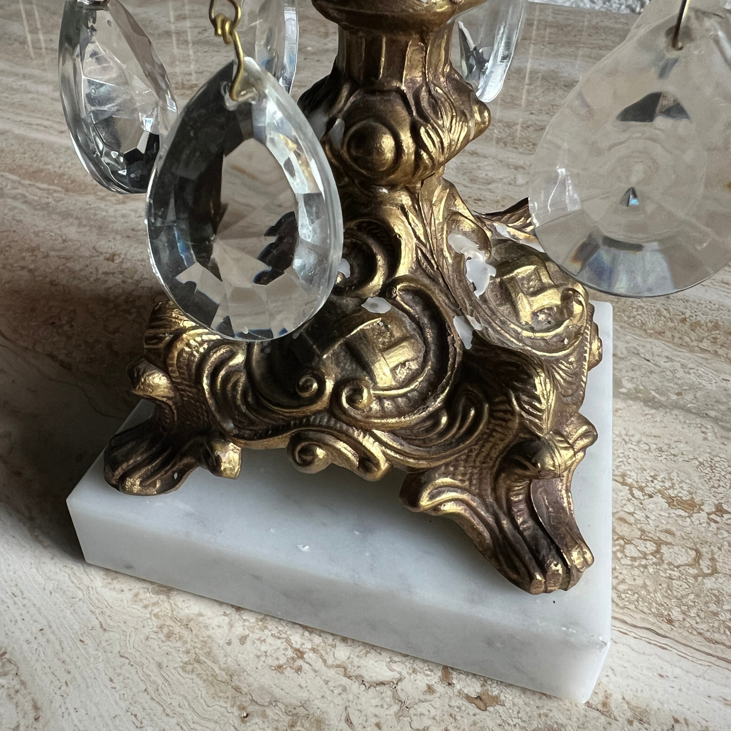 The Victoria - Vintage Ornate Brass and Crystal Prism Candelabra with Marble Base