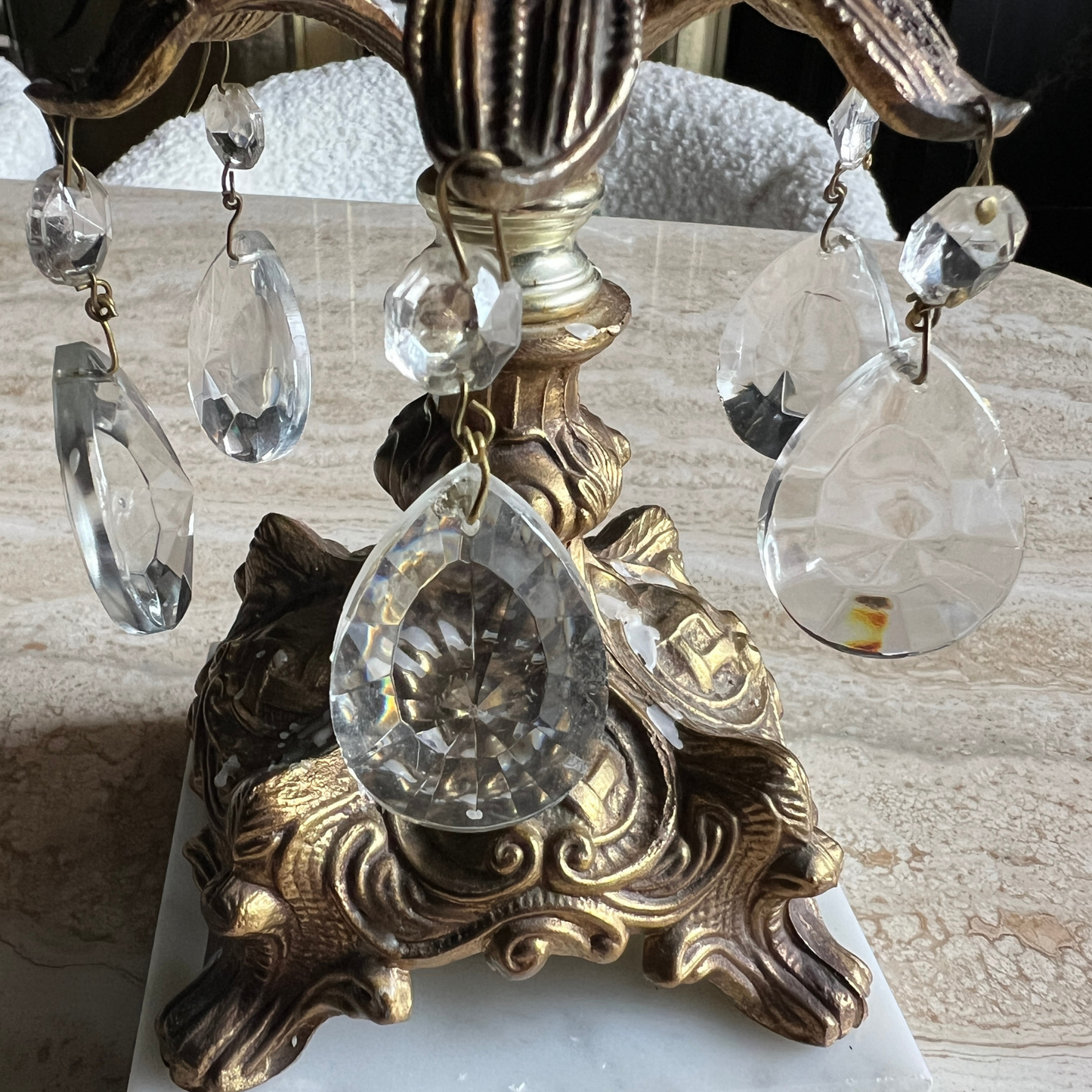 The Victoria - Vintage Ornate Brass and Crystal Prism Candelabra with Marble Base