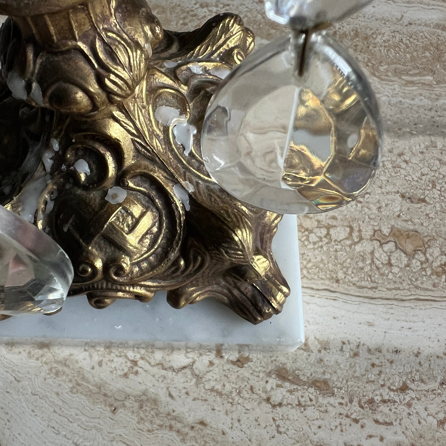 The Victoria - Vintage Ornate Brass and Crystal Prism Candelabra with Marble Base