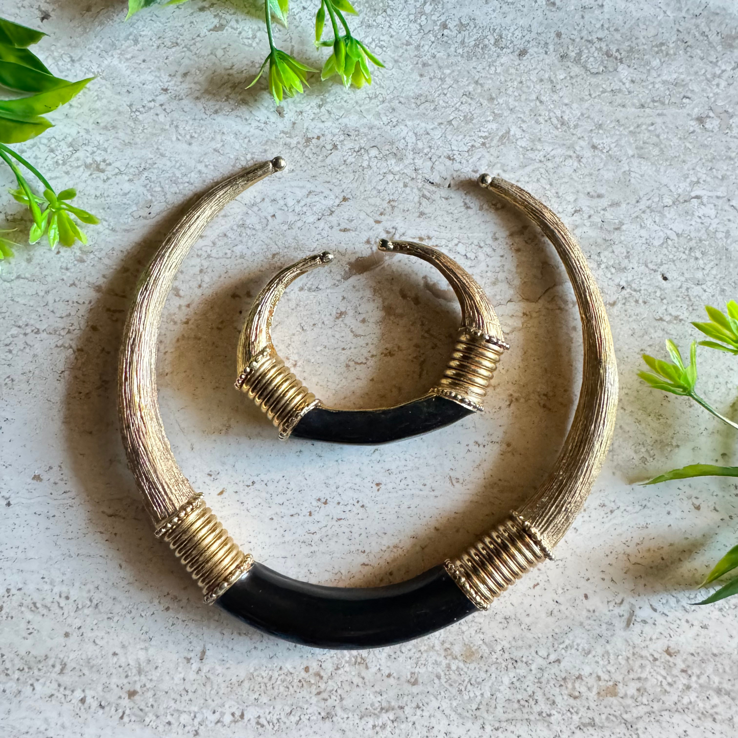The Nina – Vintage Tribal-Inspired Collar & Cuff Set in Ebony and Gold ✨