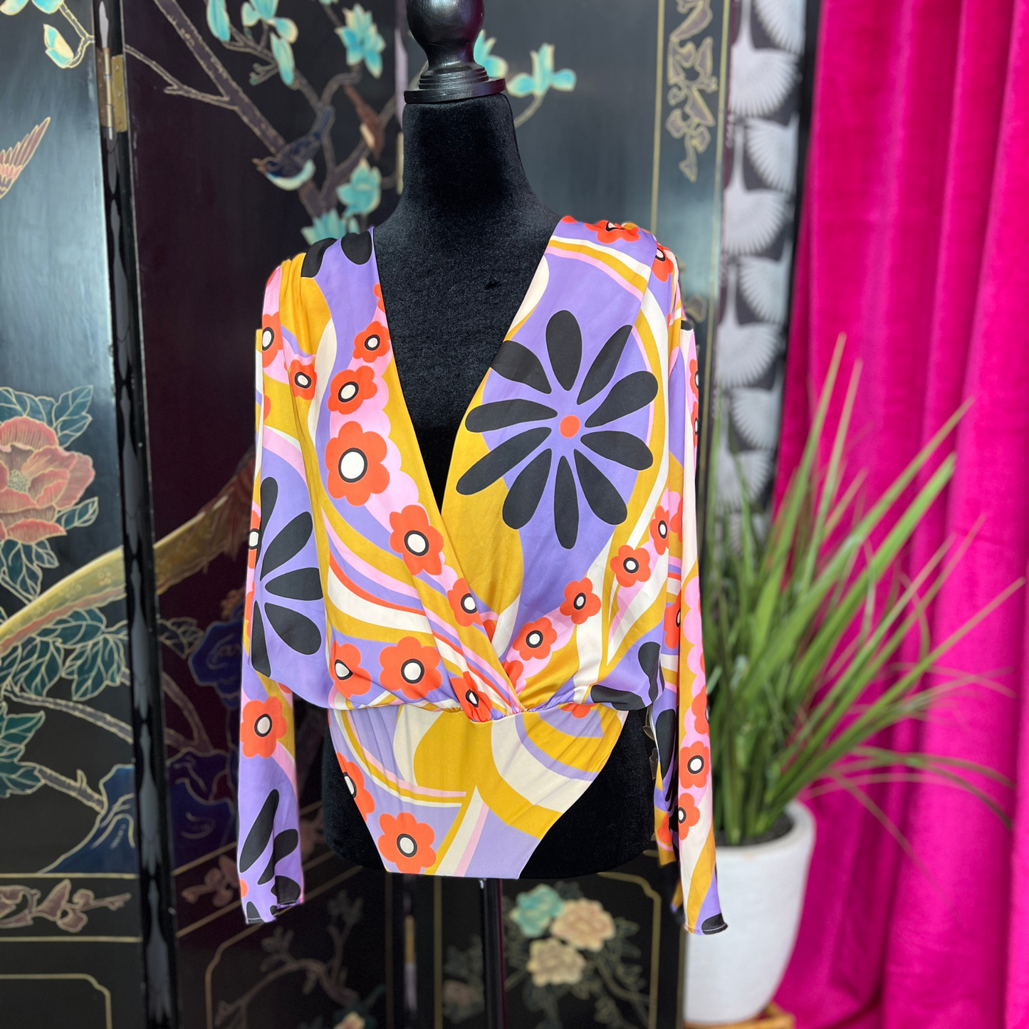 The Naomi - 70's Inspired Psychedelic Floral Wrap Bodysuit from Zara