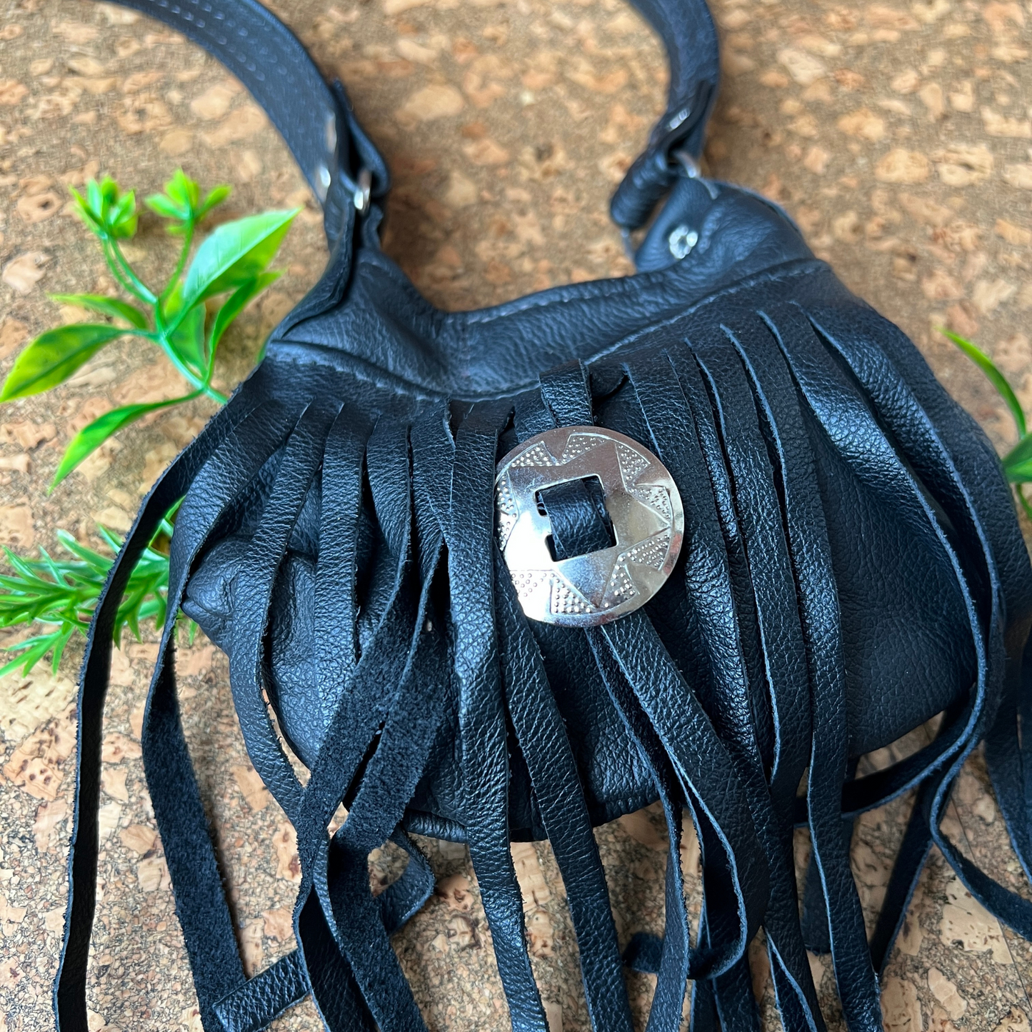 The Marlowe - Vintage Black Leather Fringe Saddlebag Festival Purse with Silver Concho