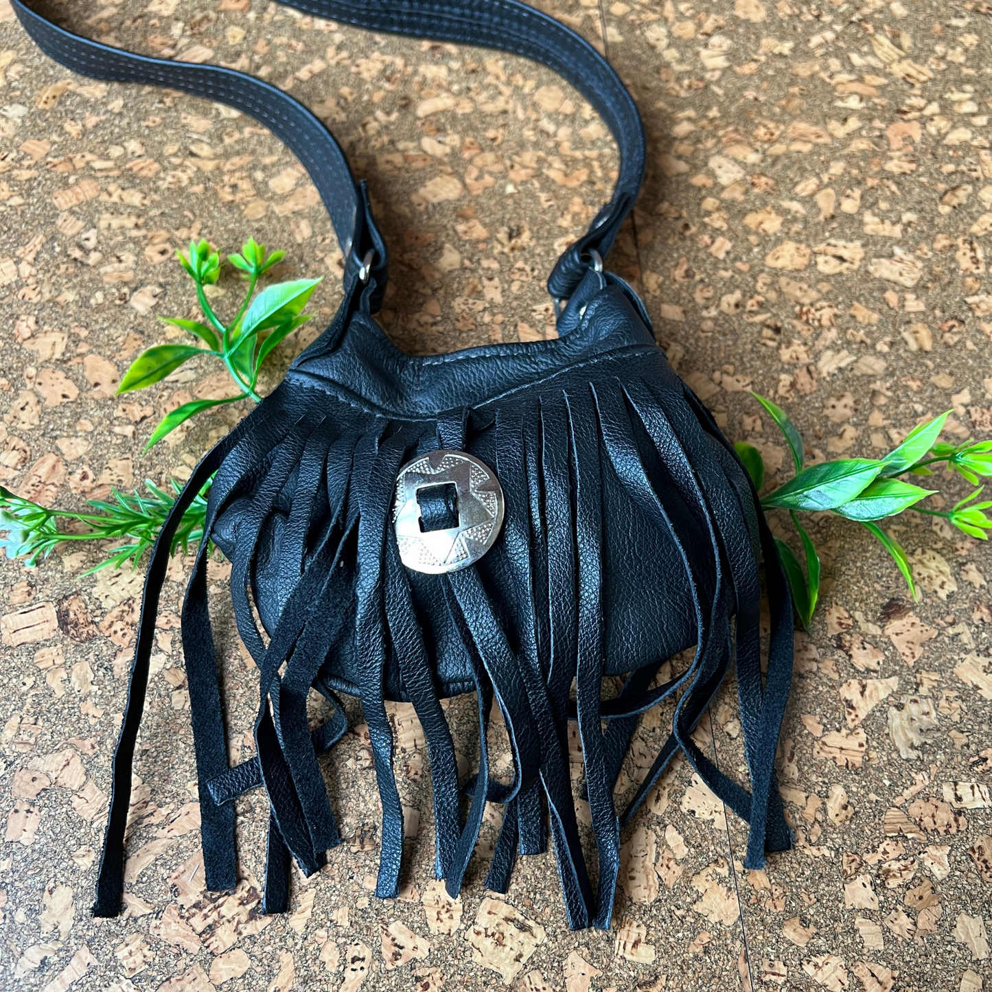 The Marlowe - Vintage Black Leather Fringe Saddlebag Festival Purse with Silver Concho
