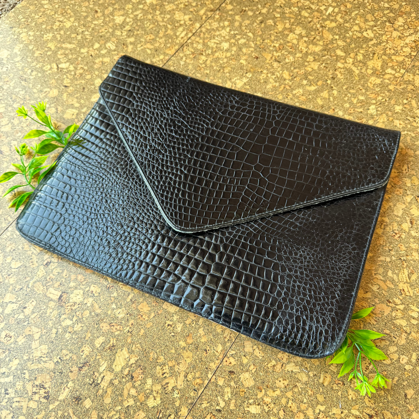 The Janet - Vintage Black Leather Minimalist Clutch Embossed Snakeskin Pattern Purse