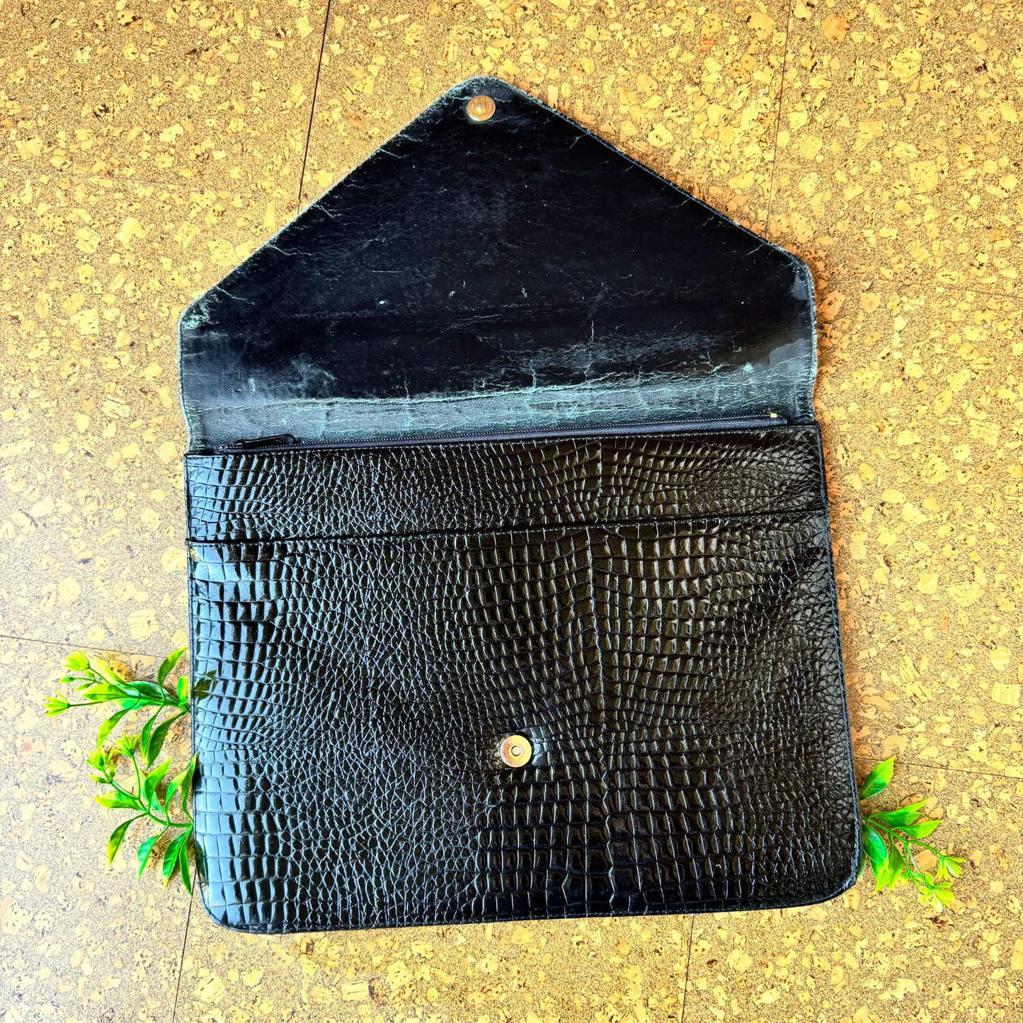 The Janet - Vintage Black Leather Minimalist Clutch Embossed Snakeskin Pattern Purse