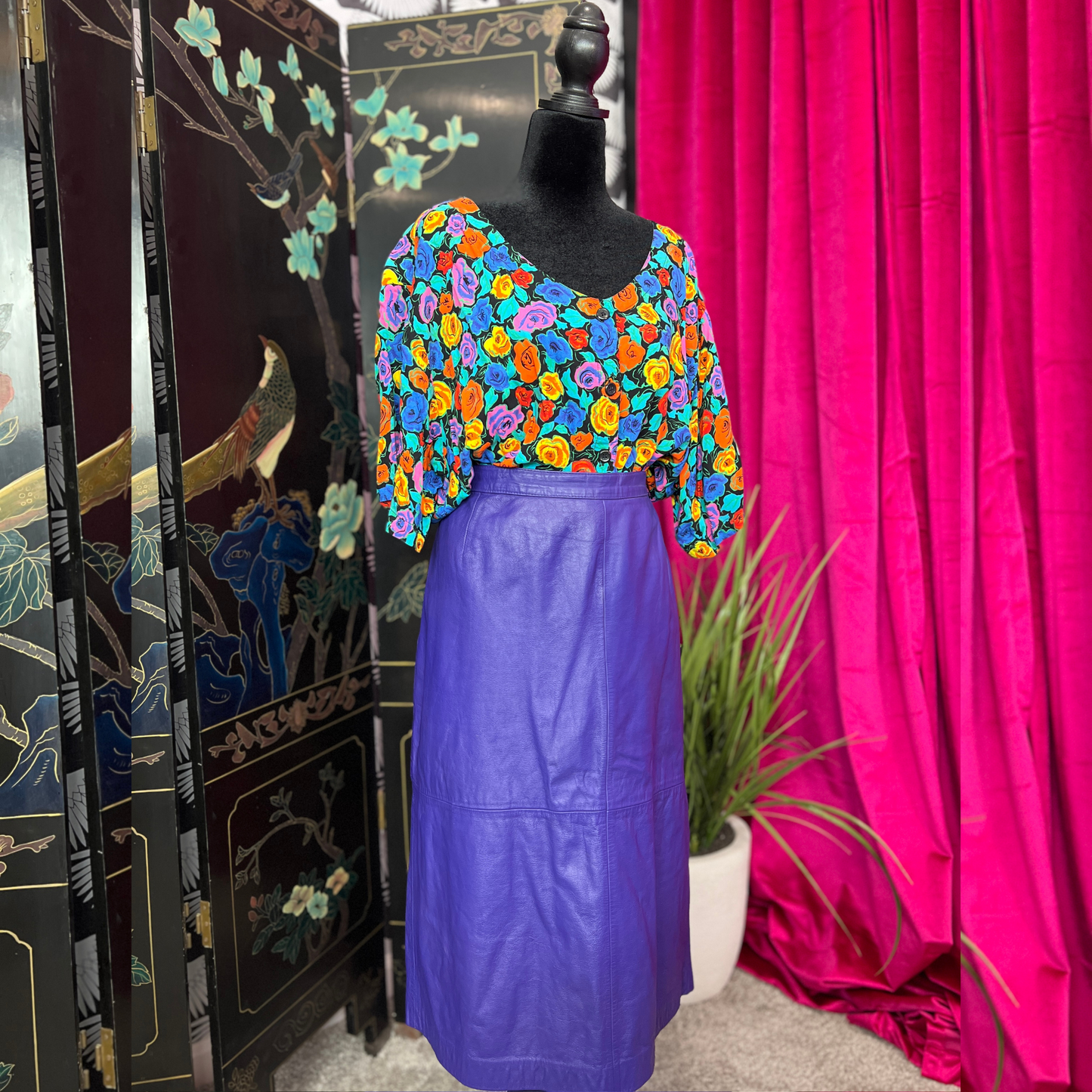 The Violet Muse – Vintage Purple Leather Skirt & Floral Blouse Set