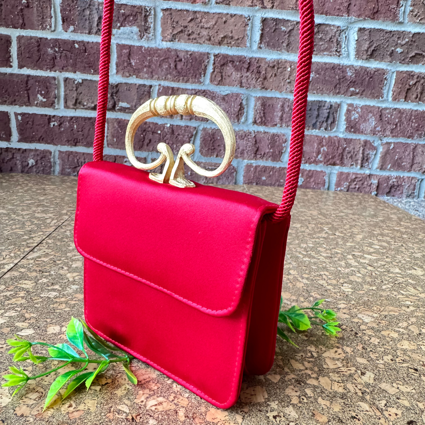 The Veronica - Vintage Red Satin Evening bag with sculptural handle