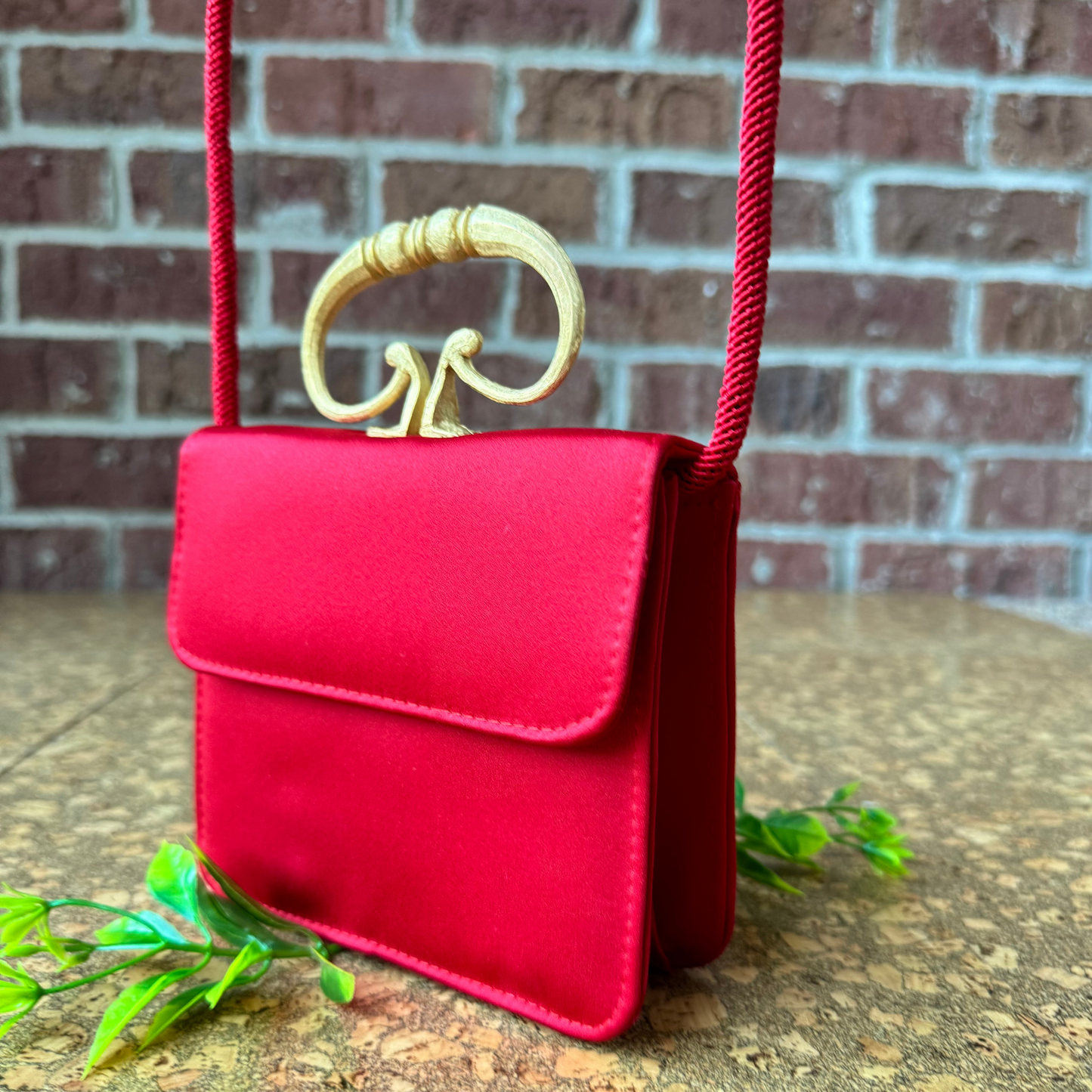 The Veronica - Vintage Red Satin Evening bag with sculptural handle