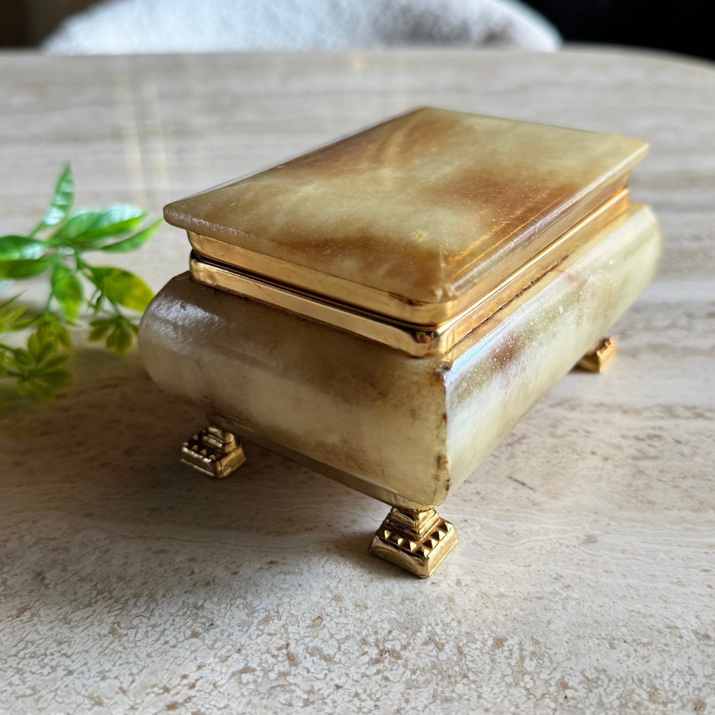 The Millicent – Vintage Alabaster & Brass Footed Jewelry Box