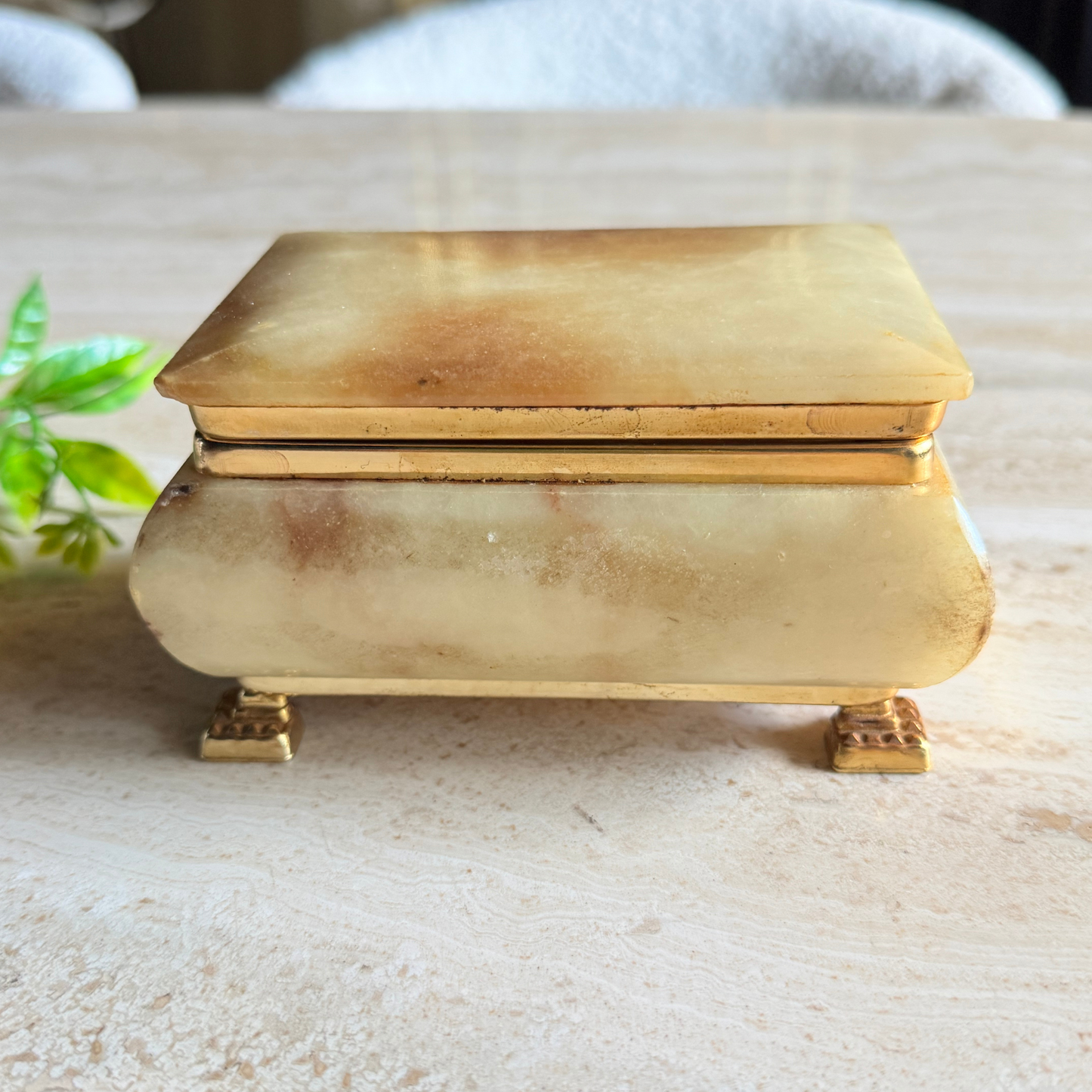 The Millicent – Vintage Alabaster & Brass Footed Jewelry Box