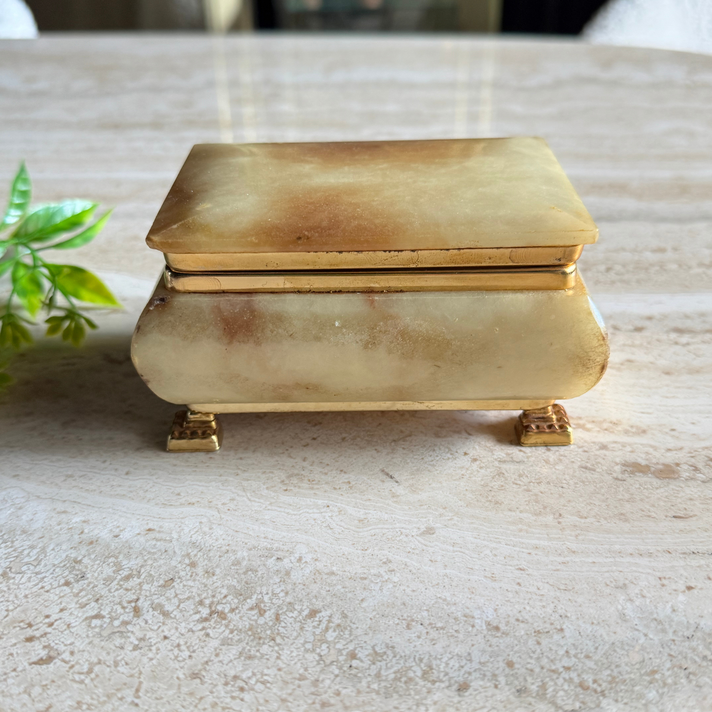 The Millicent – Vintage Alabaster & Brass Footed Jewelry Box