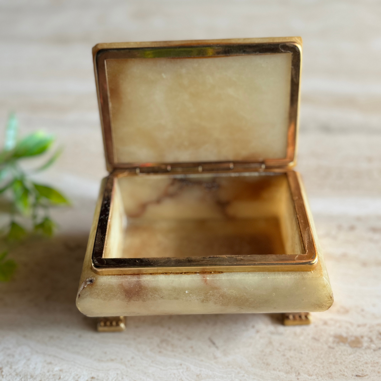 The Millicent – Vintage Alabaster & Brass Footed Jewelry Box