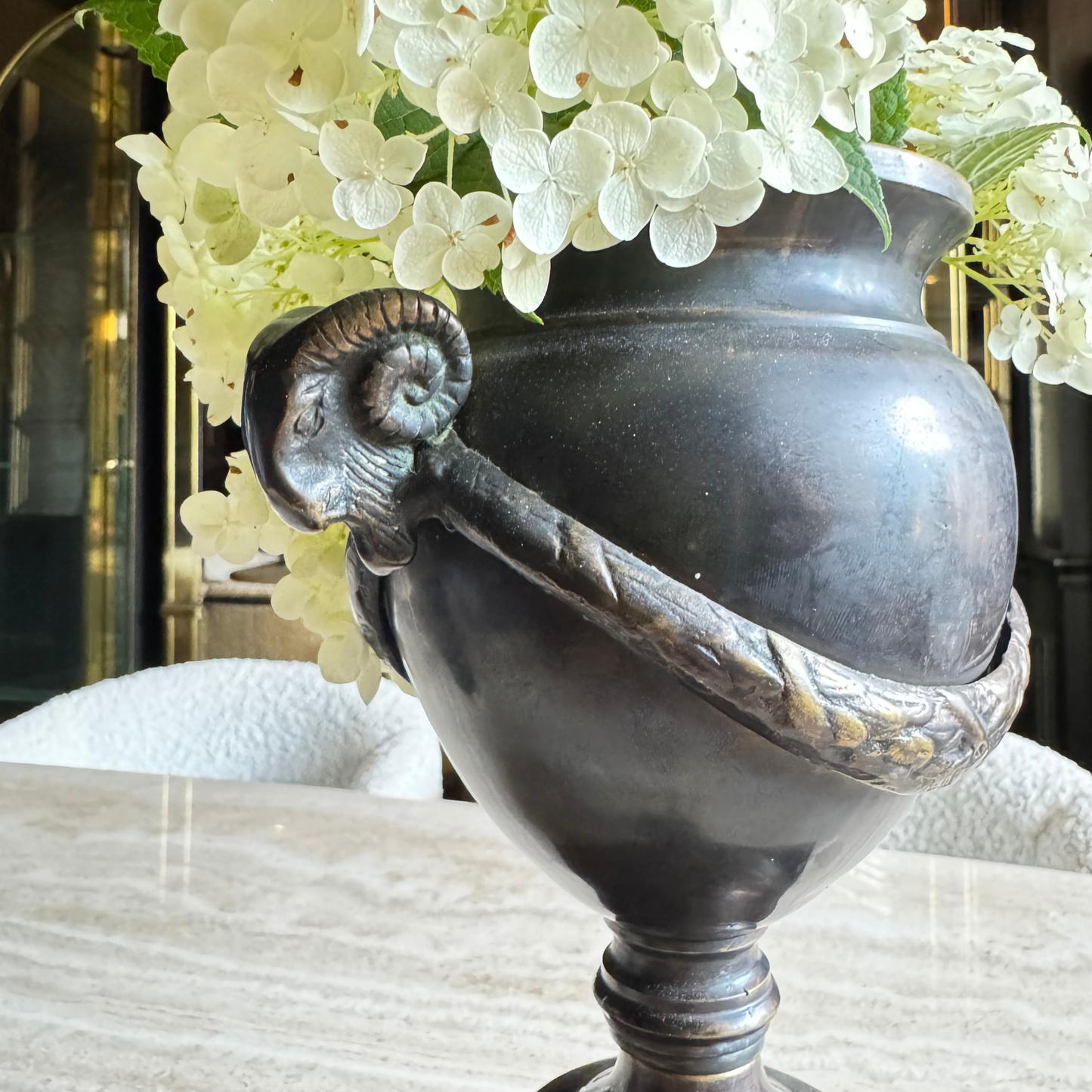 The Corinthian – Antique Handcast Bronze Urn with Ram’s Head Handles & Laurel Drape | Neoclassical Decor Vase
