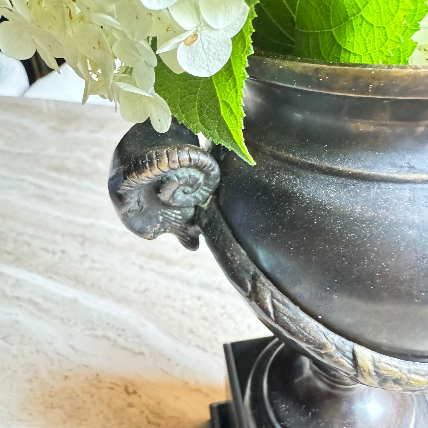 The Corinthian – Antique Handcast Bronze Urn with Ram’s Head Handles & Laurel Drape | Neoclassical Decor Vase