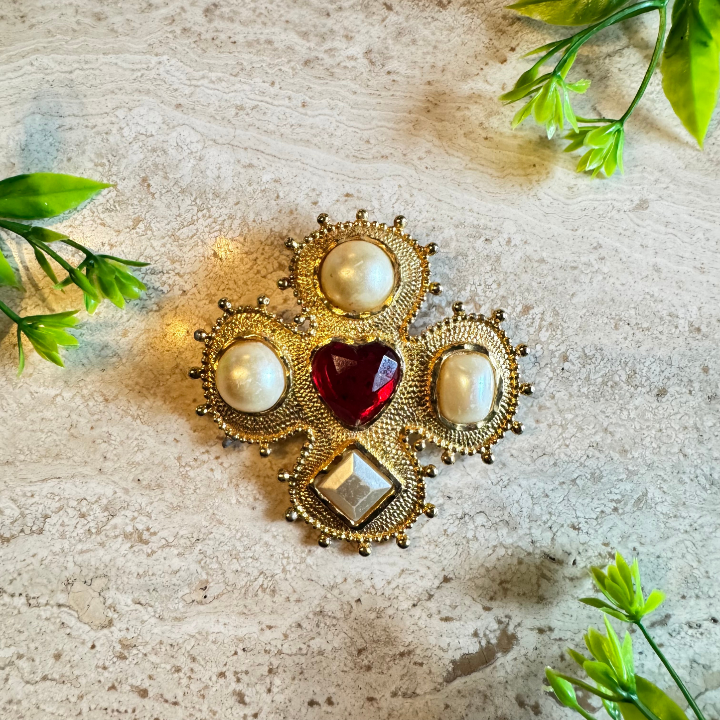 The Miriam -  Vintage Brooch Red Heart and Faux Pearl Details