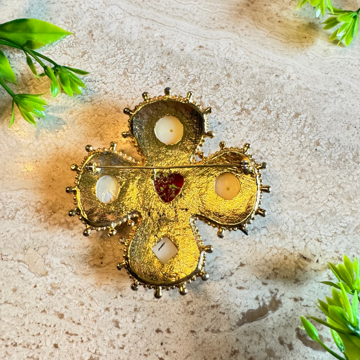 The Miriam -  Vintage Brooch Red Heart and Faux Pearl Details