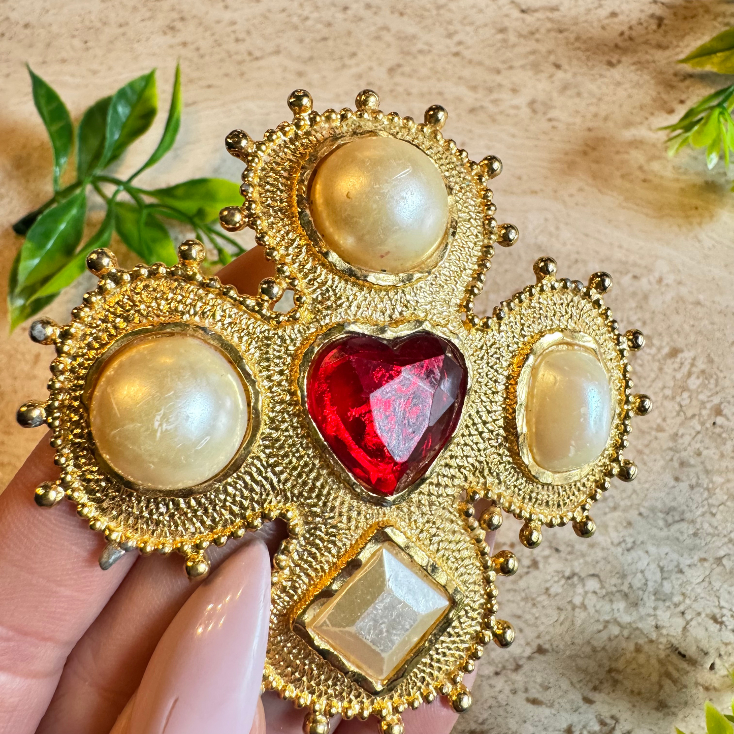 The Miriam -  Vintage Brooch Red Heart and Faux Pearl Details