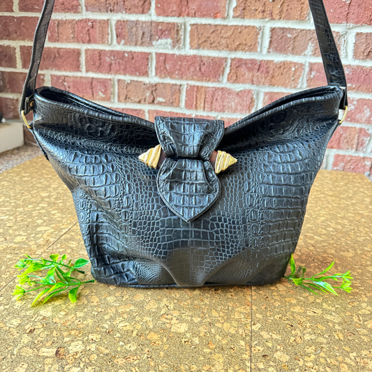 The Sienna - Black Leather Croc Embossed Shoulder Bag