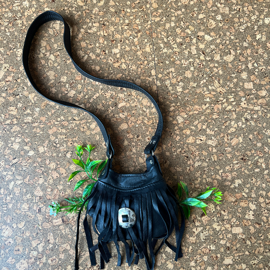 The Marlowe - Vintage Black Leather Fringe Saddlebag Festival Purse with Silver Concho