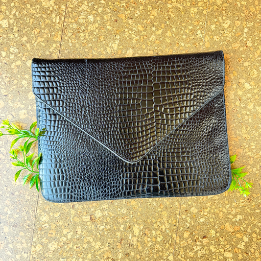 The Janet - Vintage Black Leather Minimalist Clutch Embossed Snakeskin Pattern Purse
