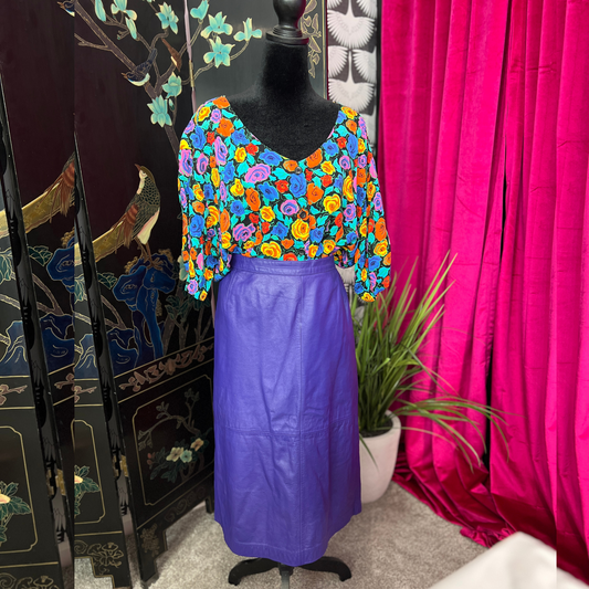 The Violet Muse – Vintage Purple Leather Skirt & Floral Blouse Set