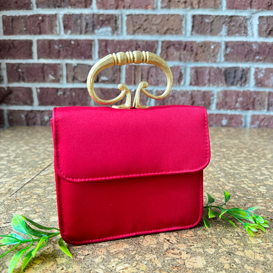 The Veronica - Vintage Red Satin Evening bag with sculptural handle