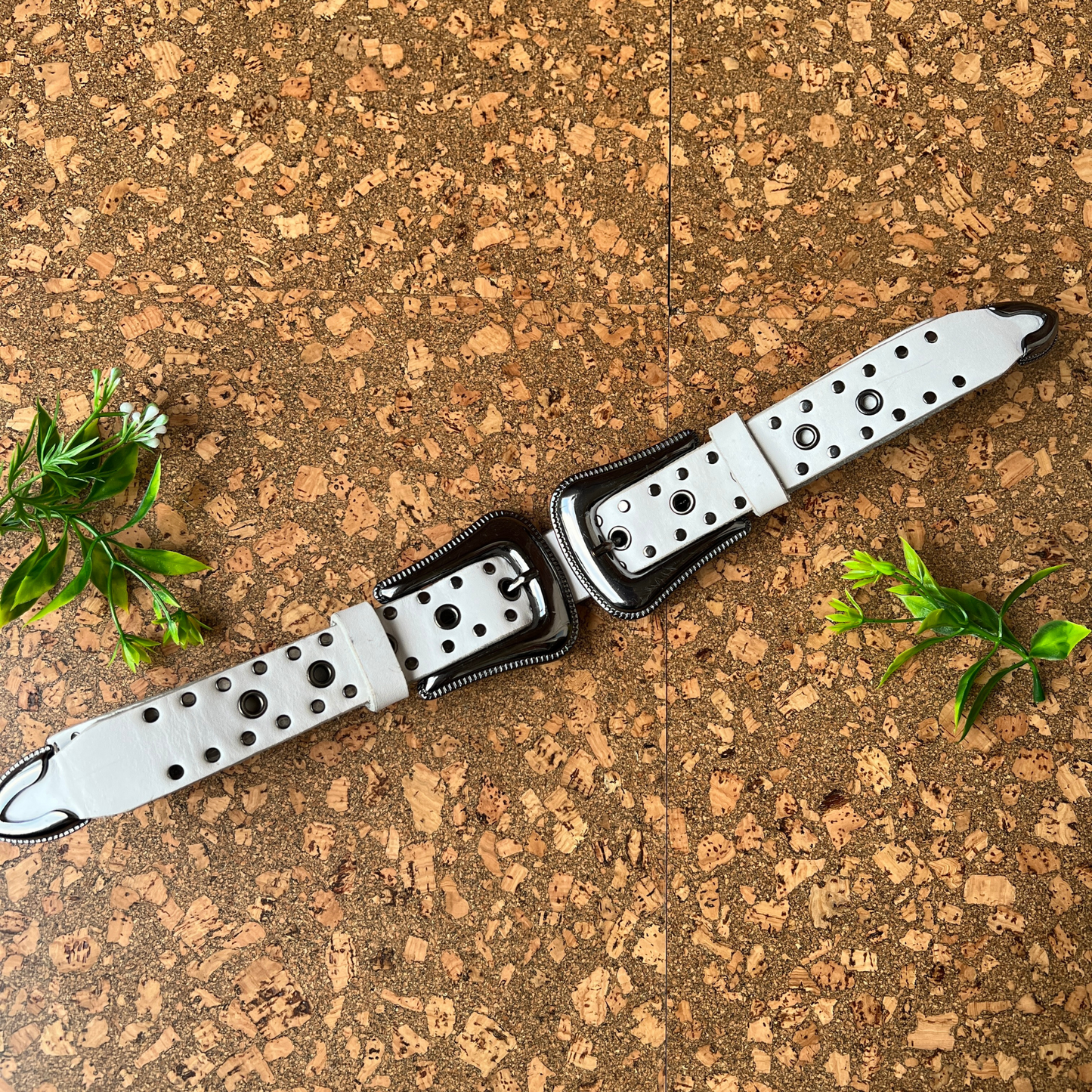 The Sasha - White Leather Belt w/Double Crop Buckles & Grommet