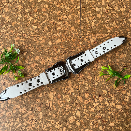The Sasha - White Leather Belt w/Double Crop Buckles & Grommet