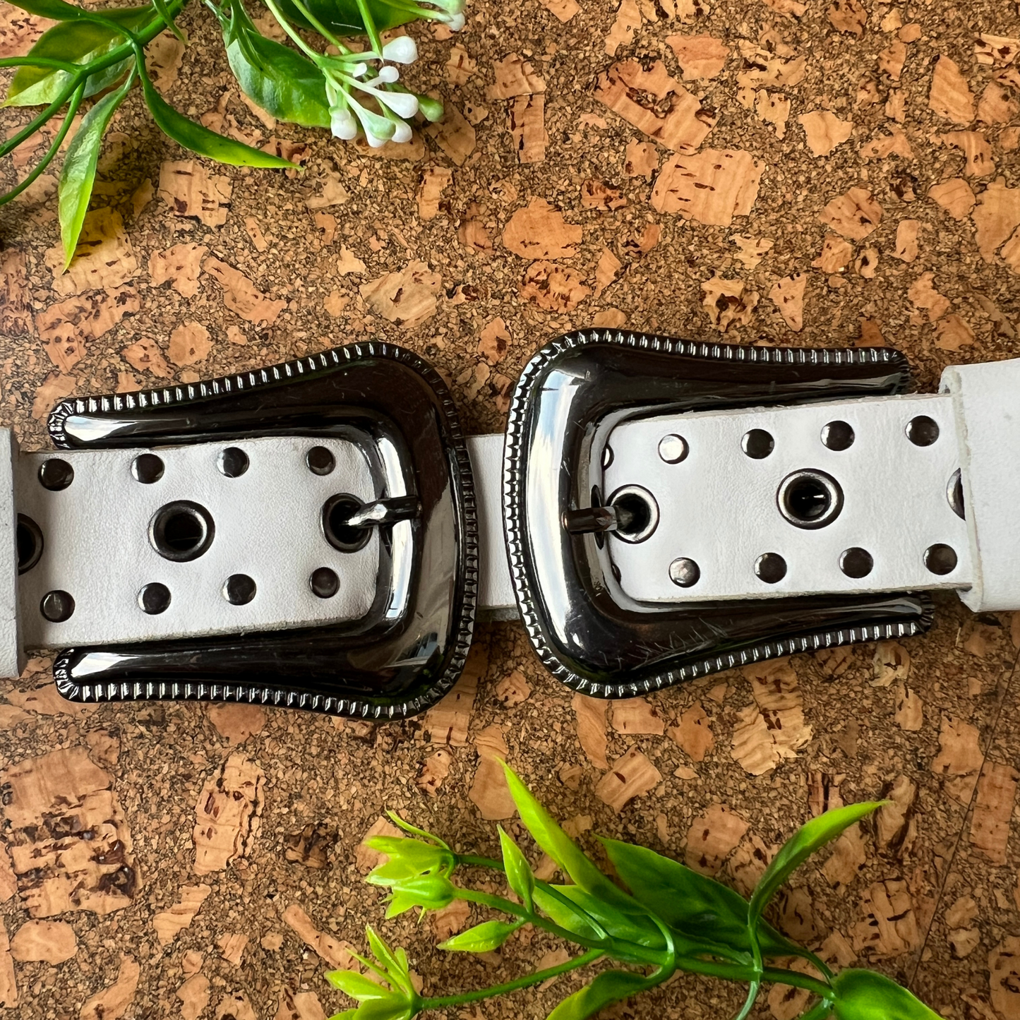 The Sasha - White Leather Belt w/Double Crop Buckles & Grommet