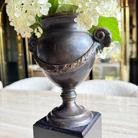 The Corinthian – Antique Handcast Bronze Urn with Ram’s Head Handles & Laurel Drape | Neoclassical Decor Vase